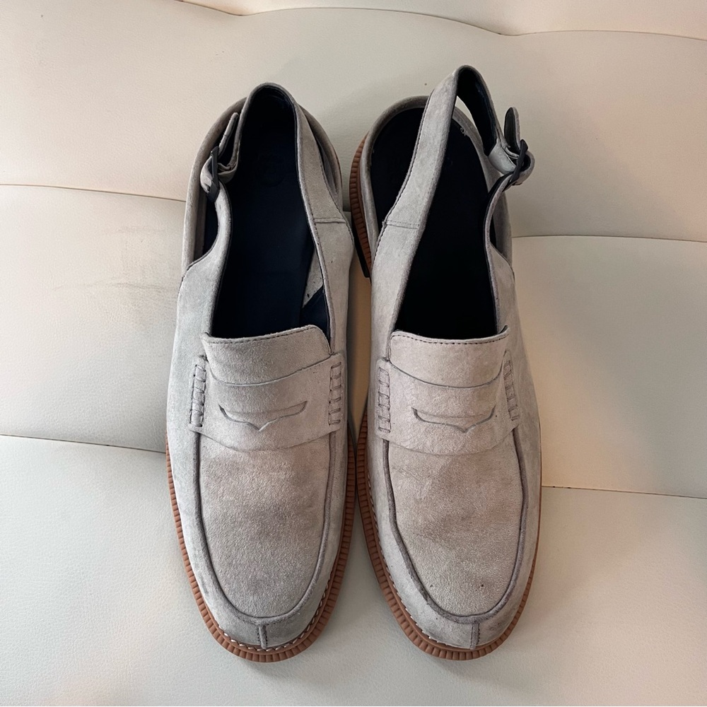 Dr. Martens Morana open-back suede penny loafers in a mid-gray/taupe color - Picture 5 of 13